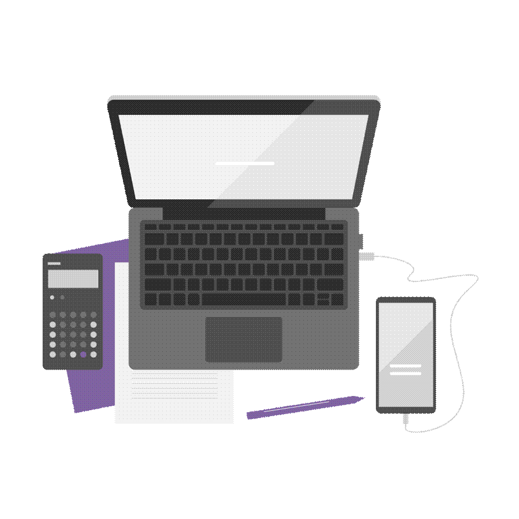 Laptop mit Telefon und Taschenrechner